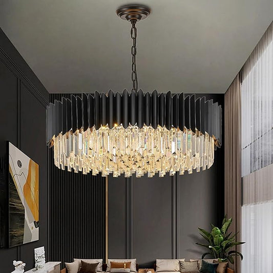Black Crystal Chandelier 30'' K9 Crystal Round Pendant Lights Adjustable 6-Tier Large Modern Crystal Chandelier Light 12-Lights for Dining Room Living Room Kitchen Foyer Entryway