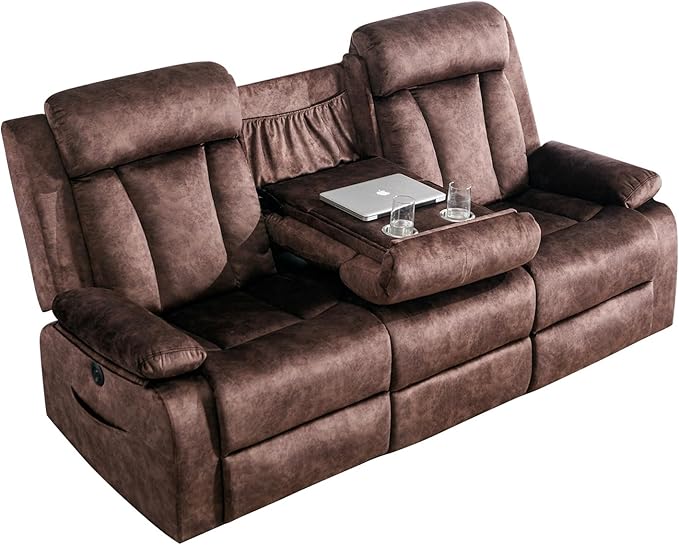 GUEAPY Power Reclining Sofa – 3 Seater Reclining Couch with Massage & Heat, Drop-Down Table, USB & Type-C Charging Ports, Cup Holders, Dutch Velvet,Power Sofa for RV，Media Room & Living Room