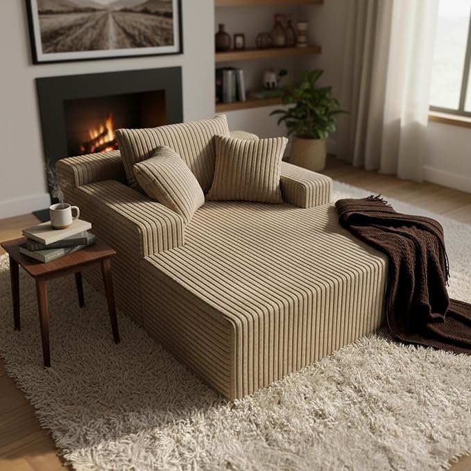 Sytopia Chaise Lounge with Armrests, Oversized Sofa Bed with 3 Pillows, Cozy Couch, Sleeper Reading Chair for Living Room Bedroom, Floor Sofa Corduroy, Furniture Sala, Cashmere Beige