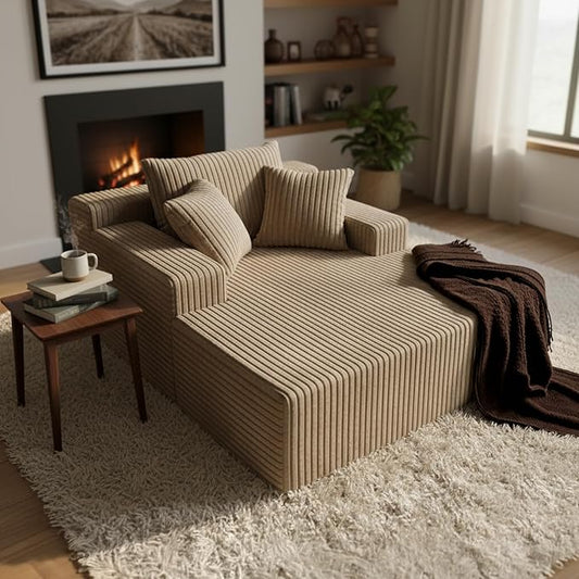 Sytopia Chaise Lounge with Armrests, Oversized Sofa Bed with 3 Pillows, Cozy Couch, Sleeper Reading Chair for Living Room Bedroom, Floor Sofa Corduroy, Furniture Sala, Cashmere Beige