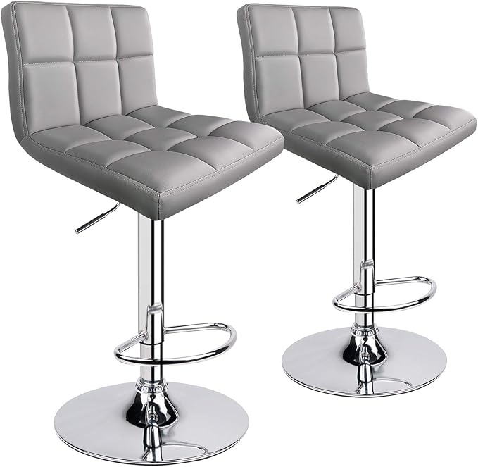 Leopard Bar Stools, Modern PU Leather Adjustable Swivel Bar Stool with Back, Set of 2 (Light Grey)