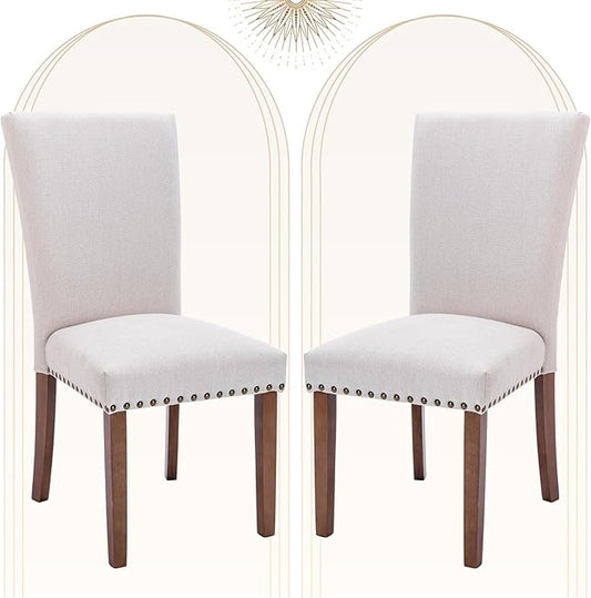 COLAMY Upholstered Dining Chairs Set of 2, Parsons Style Side Chairs with Nailhead Trim and Solid Wood Legs, Comfortable Linen Fabric for Kitchen & Dining Room – Beige