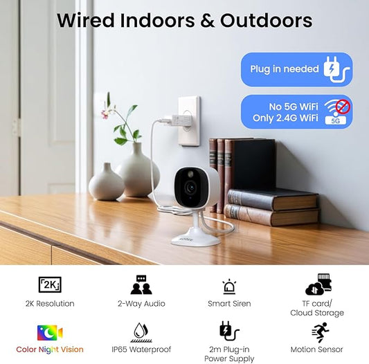 2K Cameras for Home Security-Outdoor/Indoor Camera for Dog/Cat/Pet/Nanny/Baby/Elderly, Color Night Vision, White Light, Siren, 24/7 SD Recordings, Works with Alexa, Plug in (C1-White-1pack-2.4G)