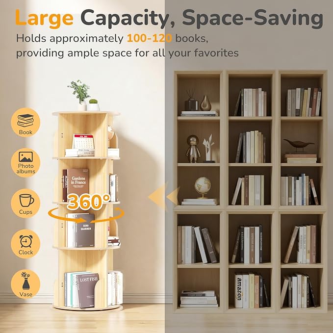 BIERUM 4 Tier Rotating Bookshelf, 360 ° Display Spinning Bookshelf Tower for Kids, Revolving Bookcase Narrow Book Shelf for Small Space, Rotating Bookshelves for Kids Room, Bedroom, Living Room