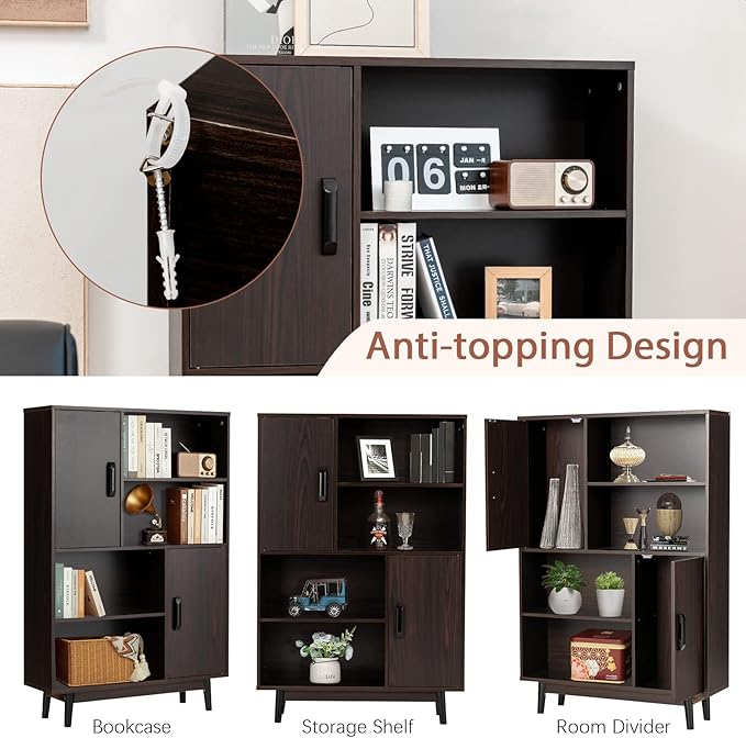 Giantex Storage Cabinet with Legs, Floor Cabinet with Doors, Shelves, Anti-Tipping Device, 4-Tier Bookshelf for Books & Photos, Tall Cupboard in Living Room, Kitchen Buffet Sideboard (Espresso)