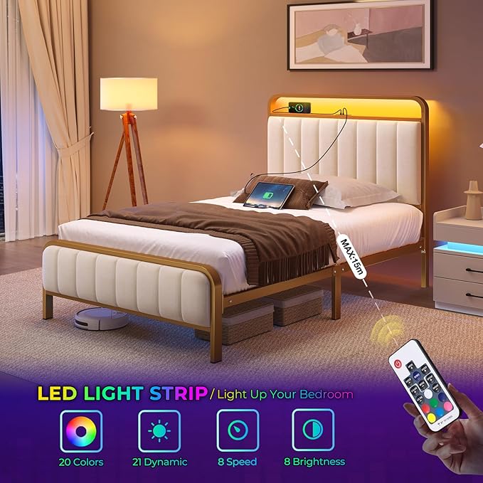 Rolanstar Queen Size Bed Frame with LED Light and Charging Station, Upholstered Headboard and Footboard, Metal Slat, Noise Free, Easy Assembly, Golden