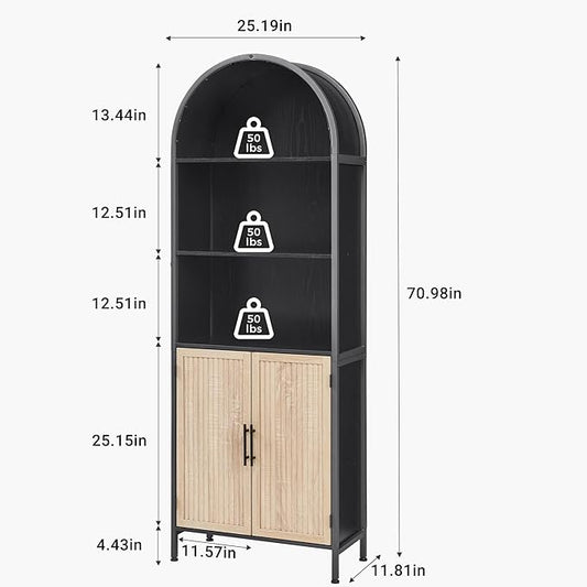 Arched Bookcase Book Shelf with Doors, 5 Tier Display Bookshelf Tall Cabinet with Storage, Industrial Floor Standing Bookshelves Open bookcases for Home Office, Living Room(Oak&Black)