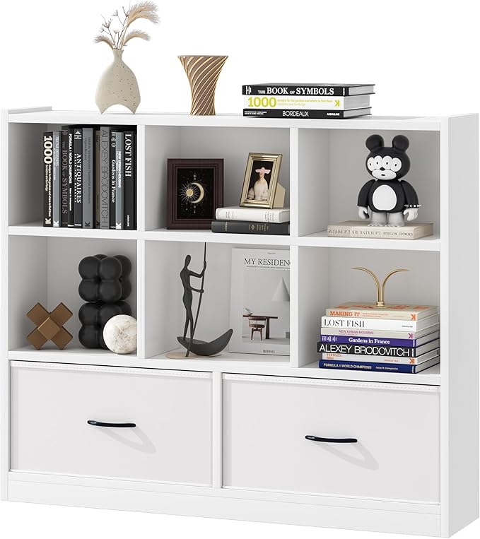 Cube Bookshelf Storage Organizer Bookcase,8 Cube Open Mid-Centur Shelf,Freestanding Display Bookshelve, Modern Wide Toy Shelf with Drawers for Bedroom Living Room Office(White)