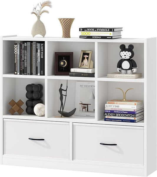 Cube Bookshelf Storage Organizer Bookcase,8 Cube Open Mid-Centur Shelf,Freestanding Display Bookshelve, Modern Wide Toy Shelf with Drawers for Bedroom Living Room Office(White)