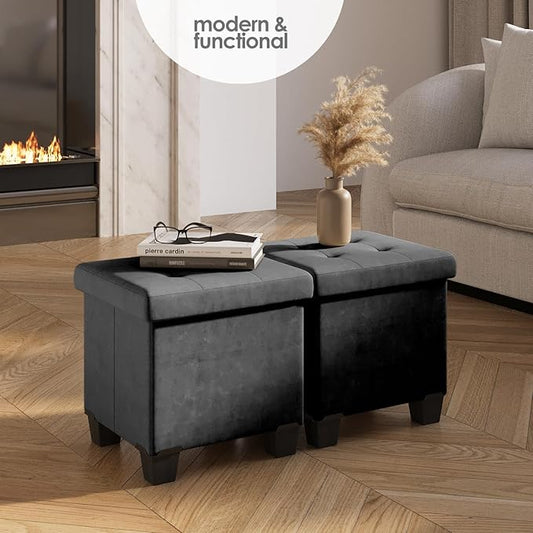 Storage Ottoman Cube with Small Bin, 15-in Square Ottoman with Storage for Living Room and Bedroom, Small Ottomans Foot Rest, Velvet Foot Stools Ottomans Max 330lbs, Grey
