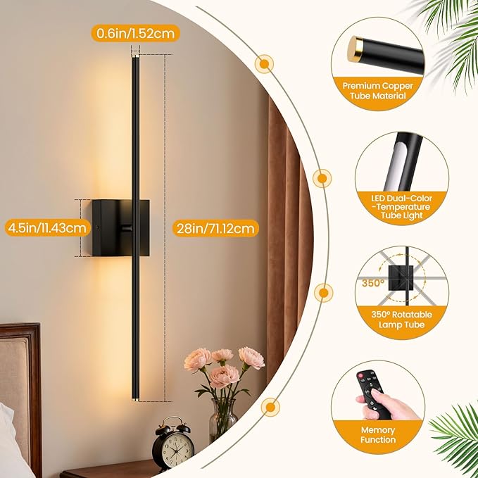 ZZXX Hardwire Wall Sconce Set of 2, 100-240V Wall Lights with Remote Control, Bathroom Wall Lamp for Living Room Bedroom Mirror Cabinet Porch Decor 350°Horizontal Rotation 28 inch