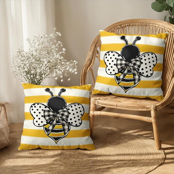 Summer Bee Pillow Covers 20x20 Set of 2 Yellow White Striped Bumblebee Pillow Cases Spring Honey Bee Holiday Decorative Cushion Case for Bed Couch Sofa