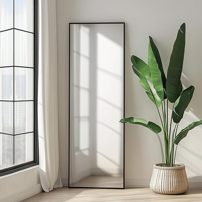 Mirror Full Length, Floor Mirror Full Length with Aluminum Metal Frame, Body Mirrors for Bedroom, Living Room, Dressing Room, Baber Shop, Home Décor. (56x18 inch, Black)