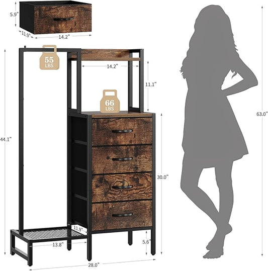 Yoobure Dresser with Hanging Rack - Small Closet with 4 Fabric Storage Drawers, 44"H Dresser with Clothes Rack, Chest of Drawer, Kids Dressers for Bedroom, Entryway, Living Room, Sturdy Frame, Rustic