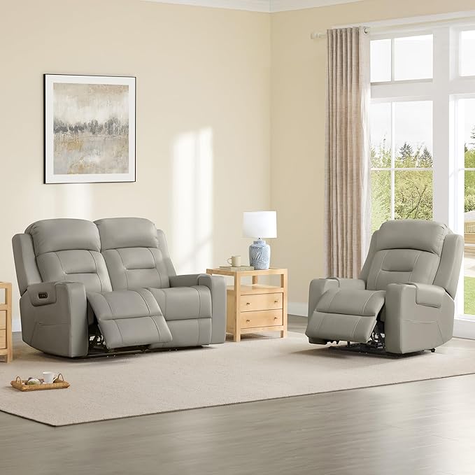Watson & Whitely Genuine Leather Power Loveseat Recliner Sofa, Lay Flat Loveseat Reclining Sofa with Power Headrest, Cup Holders, USB & Type-C Ports, Dual Recliners for Living Room, Grey