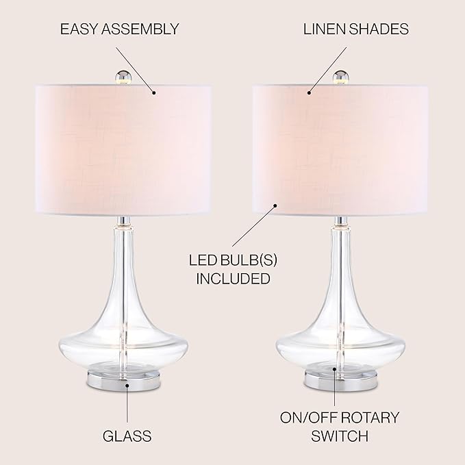 JONATHAN Y 25.5" Clear/Chrome Glass Teardrop Table Lamp Set of 2 for Bedroom, Modern Bedside Lamps for Living Room, White Linen Drum Shade, LED Bulbs Included (JYL1081C-SET2)