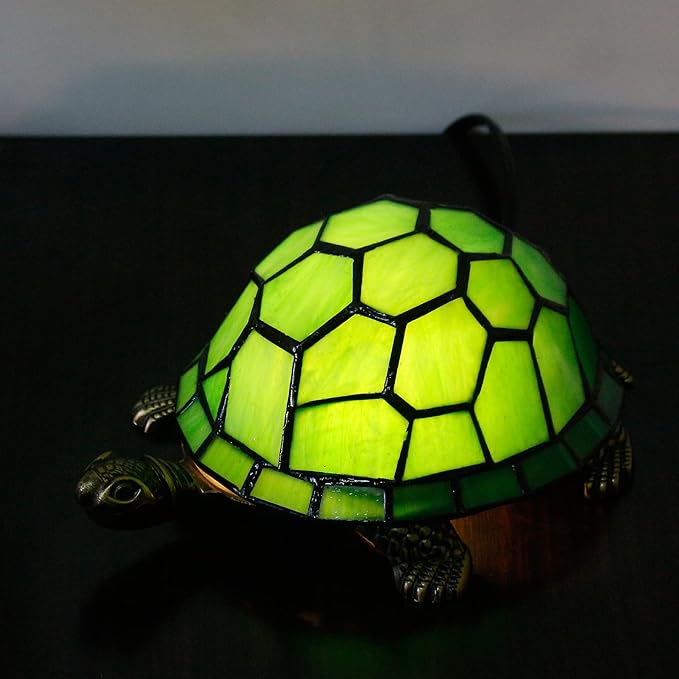 Tiffany Tortoise Lamp Small Stained Glass Turtle Desk Lamp 8X5X4 Inch Animal Antique Accent Table Light (Green Turtle)
