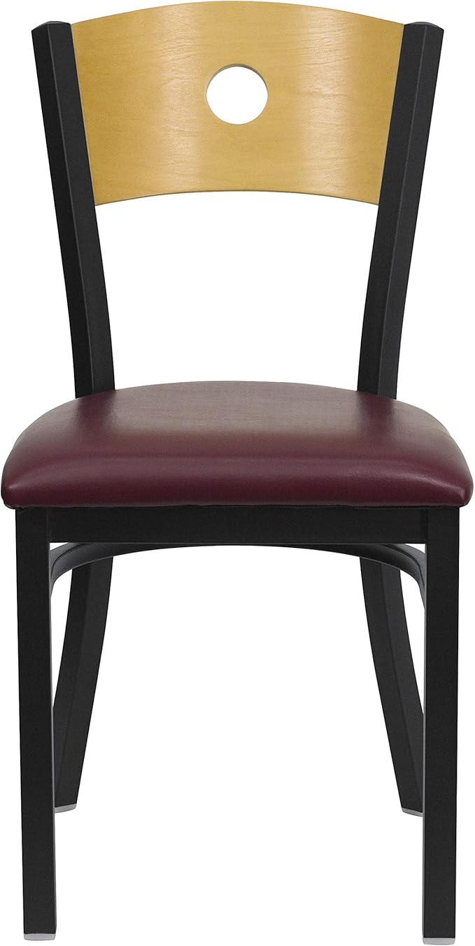 Flash Furniture 2 Pk. HERCULES Series Black Circle Back Metal Restaurant Chair - Natural Wood Back, Burgundy Vinyl Seat