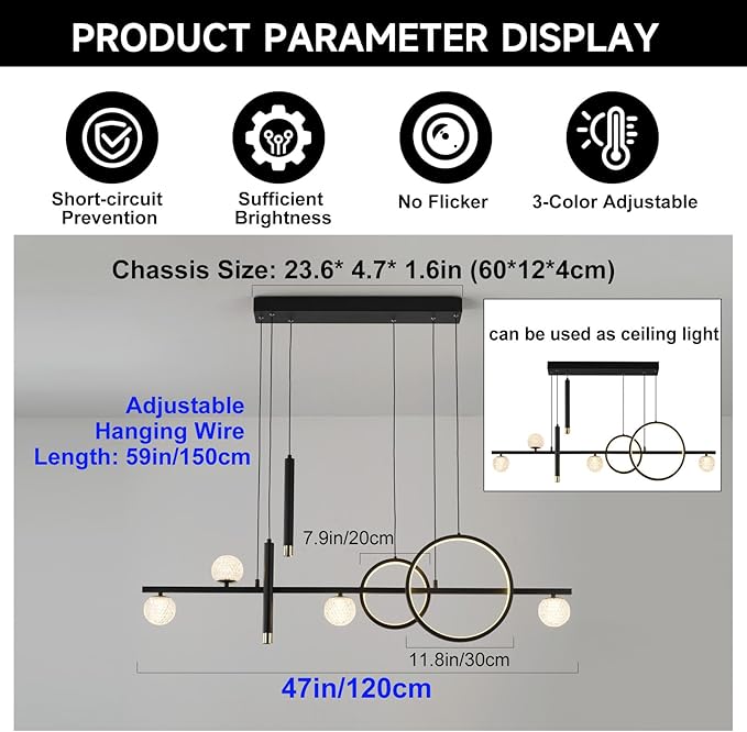 Modern LED Pendant Lights, Dimmable 47in Linear LED Chandelier Lighting, Upgraded Black & Gold Dining Room Hanging Light Fixtures Kitchen Island Globe Pendant Light for Dining Table (4200lm)