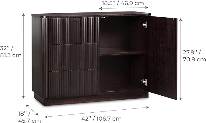 Teamson Home Potomac 42'' W Scandinavian Style Sideboard with 3 Drawer 1 Door and Adjustable Shelf, Solid Wood Frame, Push to Open and Acacia Veneer Living Room Storage Furniture in Espresso