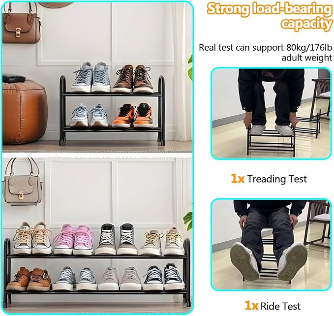 Expandable Shoe Rack, 3 Tier Adjustable Shoe Organizer Shelf for Closet,Slim Narrow Black Metal Free Standing Shoe Rack Storage for Small Space, Entryway, Hallway
