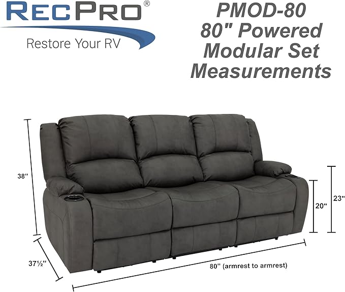 RecPro Charles Powered Triple RV Wall Hugger Recliner | Drop Down Console | RV Furniture with Upgraded 2023 Fabric (Gunmetal, 80")
