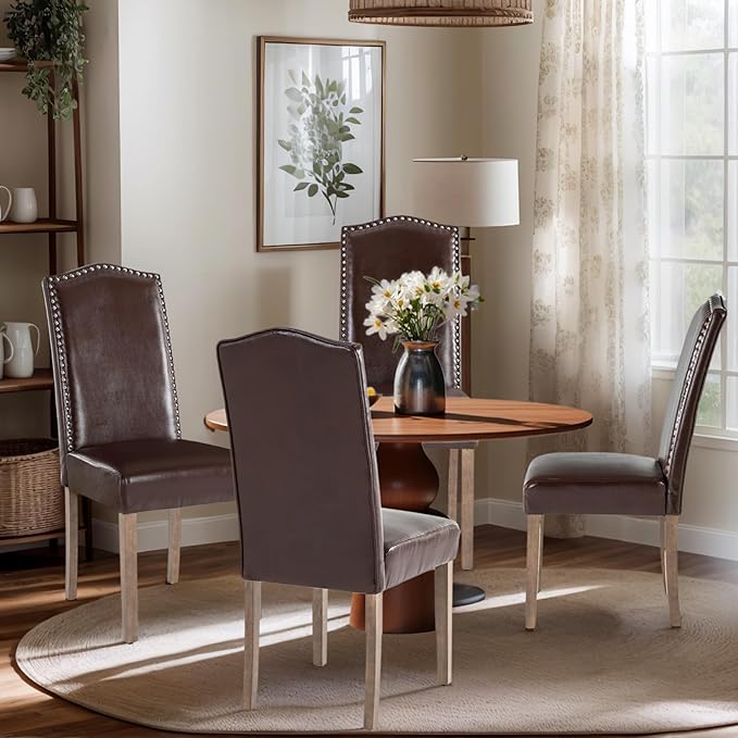 Upholstered Dining Chair Modern Stylish Parsons Kitchen Diner High Back with Silver Nailhead Trim & Wood Legs, Set of 2, PU Leather Dark Brown