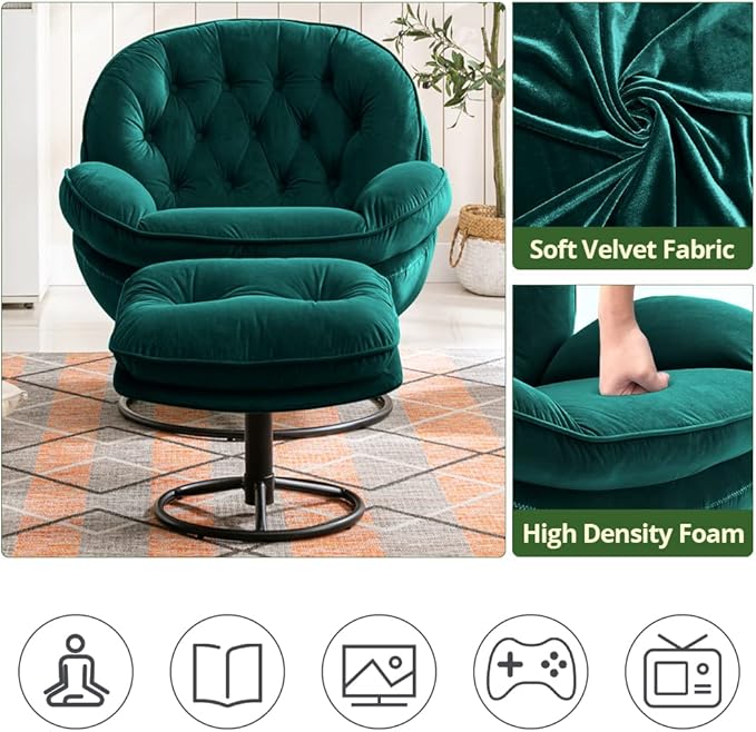 Velvet Swivel Accent Chair with Ottoman Set, Modern Lounge Chair with Metal Base Frame & Footrest, Comfortable Single Leisure Sofa Chair Reading Chair with 360 Degree Swiveling for Living Room, Green