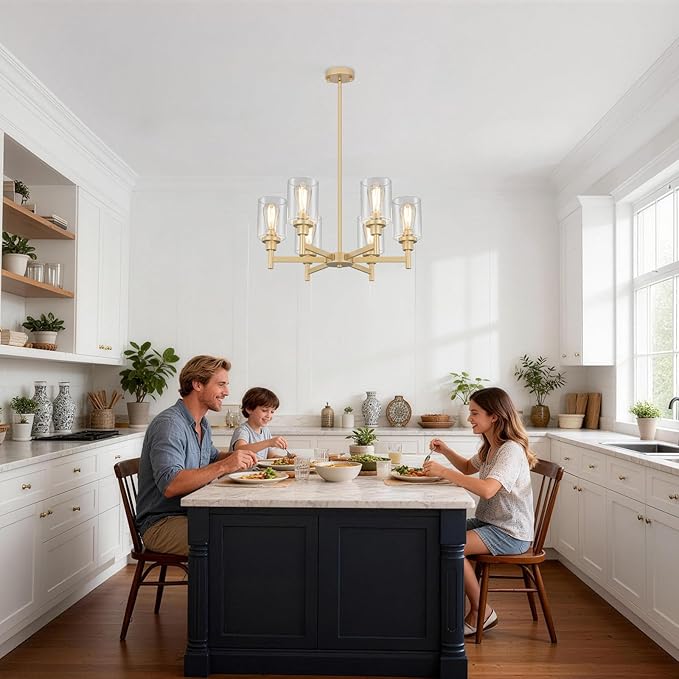 6 Light Gold Chandelier, Farmhouse Chandeliers for Dining Room Light Fixtures Over Table, Hanging Lighting Fixture with Clear Glass Shade for Kitchen Island Living Room Bedroom