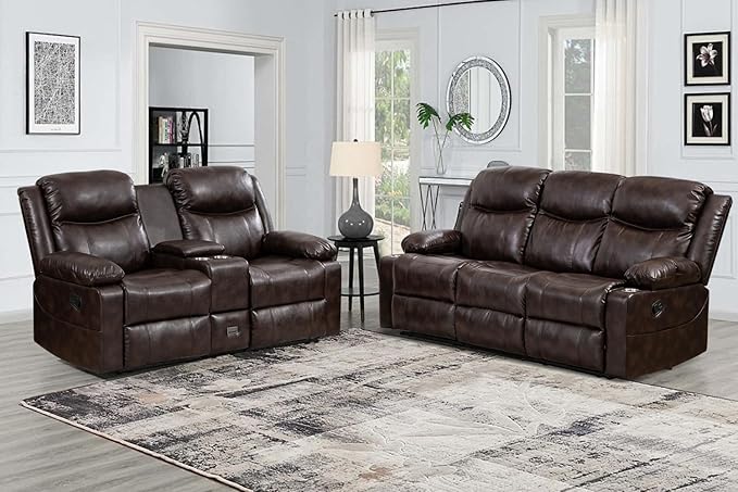 Manual Reclining Sofa Set, Double Recliner Loveseat and 3-Seater Sofa for Living Room, Faux Leather Upholstery with Sturdy Frame & Soft Cushions (Brown)