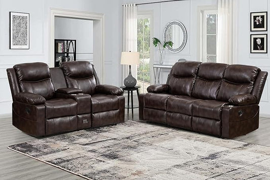 Manual Reclining Sofa Set, Double Recliner Loveseat and 3-Seater Sofa for Living Room, Faux Leather Upholstery with Sturdy Frame & Soft Cushions (Brown)