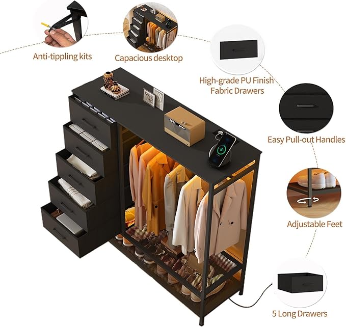 Dresser for Bedroom, Dresser with Hanging Rack Led Lights and Charging Station, Black Bedroom Dresser with 5 Fabric Chest of Drawers with PU Finish Storage Organizer, for Living Room Hallway, Black