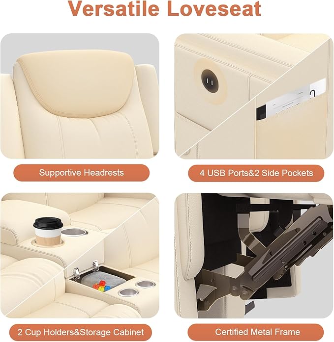 Dresegmt Loveseat Recliner Sofa, Beige PU Leather Double Recliner Loveseat with Console, Cup Holders, Storage & USB Ports, Ergonomics，Manual Reclining Sofa Couch for Living Room, RV