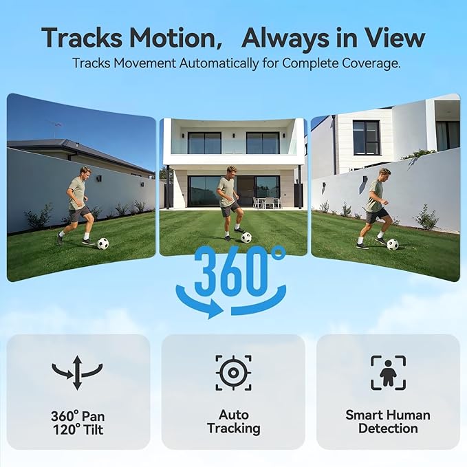 MUBVIEW 24/7 Continuous Recording Wireless Outdoor Security Camera, 2.4G WiFi, 2K Solar Powered, 360° PTZ, Auto Tracking, SD Included, Optional Cloud Storage, AI Detection, Night Vision(White,1 Pack)