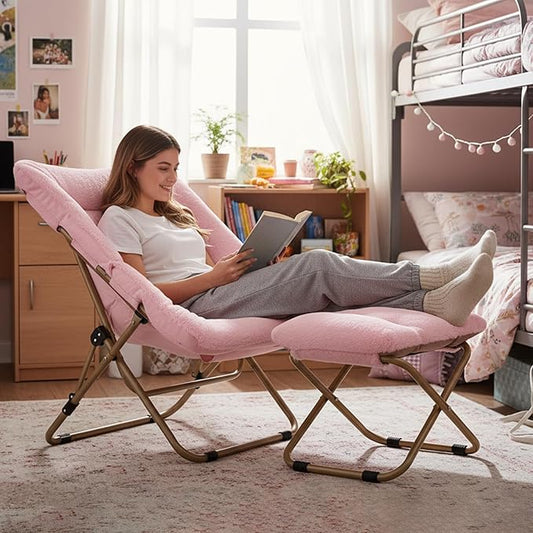 Tiita Folded Chair with Straight Ottoman, Soft Faux Fur Oversized Folding Accent Chair,Lazy Chair, Metal Frame Moon Chair for Bedroom, Living Room, Dorm Rooms, Garden and Courtyard, Pink