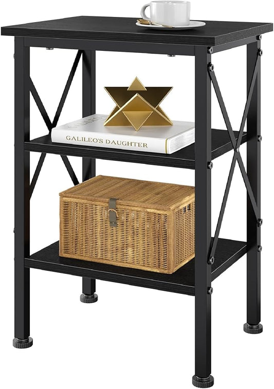 VECELO End Table, Nightstand, 24" Tall Living Room Side Tables, X-Design Reinforced Bedside Table, Nightstands with 3-Tier Storage Shelves for Small Spaces, Office, Bathroom, Bedroom, Antique Black