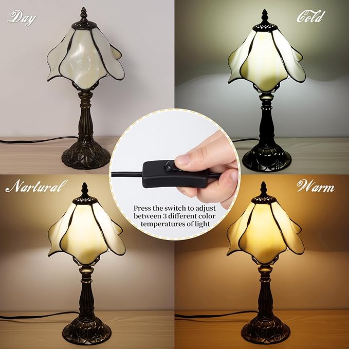Tiffany Table Lamp,3 Color-Temperature Flowers Stained Glass Lamp,8 Inch Tiffany Style Lamp for Bedroom Living Room Home, Handcrafted Light, Included Bulb (Warm White)