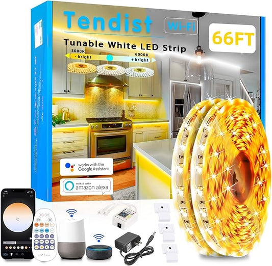 66FT White LED Strip Lights 3000K-6500K, Smart Strip Light Alexa Compatible, 24V WiFi Flexible Tape LED with APP & RF Remote, Cabinet Lighting Self-Adhesive for Room, Kitchen (Tunable White)