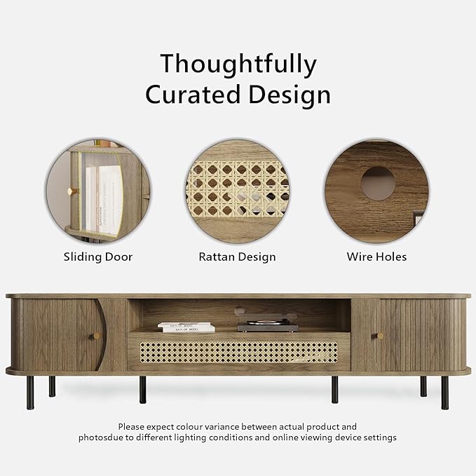 basenji 79" Fluted TV Stand with Sliding Doors & Rattan,Mid Century Modern Entertainment Center with Storage,Curved Edge Design,Media Console for TVs up to 85",TV Consoles for Living Room,Oak
