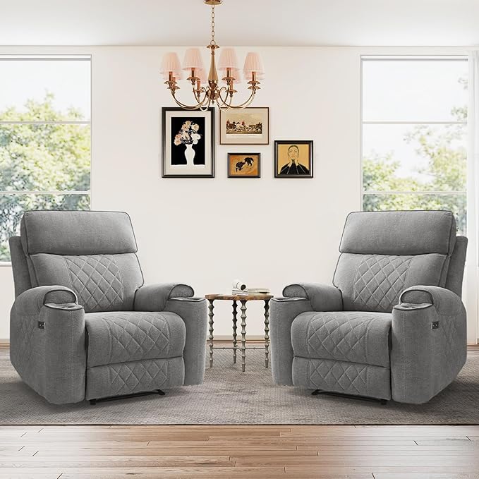 HAOMARKETS Power Recliner Chair Set of 2 for Adults with USB Charging Port, Electric Recliners with Metal Cup Holders, Single Overstuffed Heavy Duty Reclining Sofa Chairs for Living Room, Light Grey