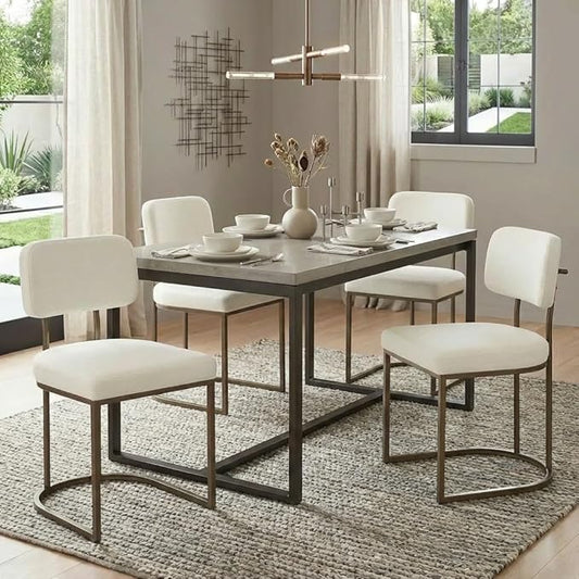 Dining Chairs Set of 4, Upholstered Modern Kitchen Chairs with Ergonomic Backrest, Fabric Cushion & Wire Drawing Curve Metal Legs for Living Room, Restaurant, Café, Ivory, 2Boxs