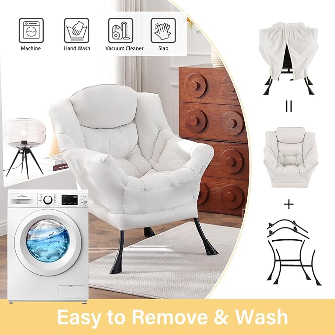 Lazy Chair, Large Accent Chair, Modern Comfy Armchair, Beige Chair for Living Room Bedroom Dorm Room Office Apartment Reading Relaxing Use