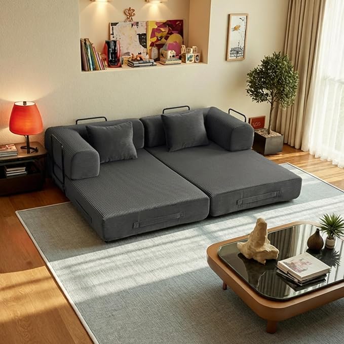 59in Convertible Sofa Bed, Corduroy Boneless Couch Bed, Futon Sleeper Sofa Pull Out Bed, Foldable Couch for Living Room Apartment, No Assembly Required