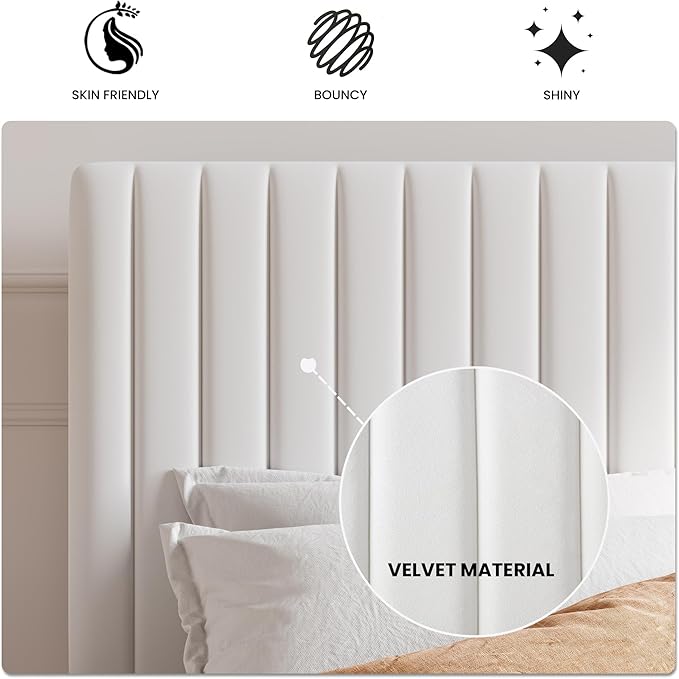 SHA CERLIN Queen Upholstered Platform Bed Frame with Vertical Channel Tufted Velvet Fabric Adjustable Headboard, Wooden Slats Support, Mattress Foundation, Box Spring Optional, White