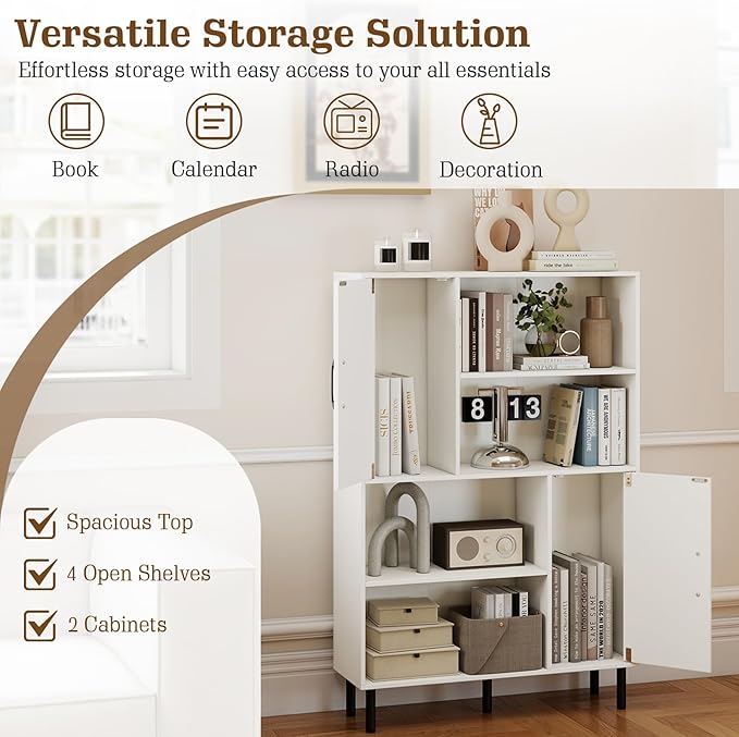 Giantex 47-Inches Storage Cabinet with Doors, Open Shelves, Anti-Tipping Device, 4-Tier Bookcase for Books & Photos, Tall Cupboard, Floor Cabinet for Living Room, Kitchen Buffet Sideboard