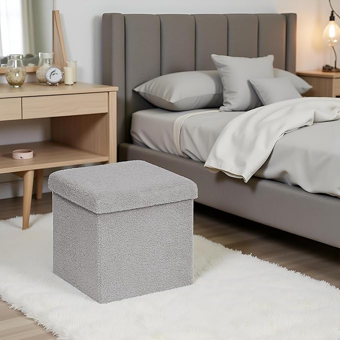 15 Inches Small Storage Ottoman - Square Ottoman with Sherpa Top,Storage Bench for Bedroom 15" D x 15" W x 15" H-Grey