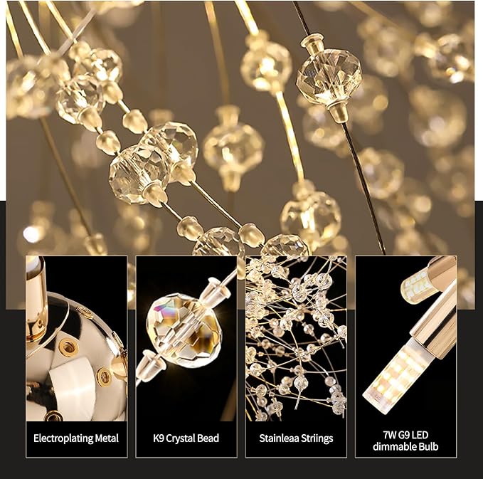 Crystal Flush Mount Ceiling Light Gold Modern Sputnik Firework Close to Ceiling Lamp LED Flower Ceiling Light Fixtures for Living Room Bedroom Kitchen Island Entryway Hallway Foyer 9 G9 Bulbs Included