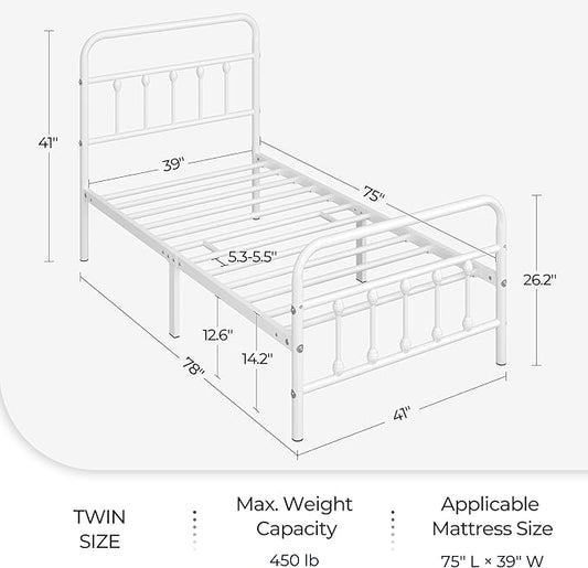 Yaheetech Classic Metal Platform Bed Frame Mattress Foundation with Victorian Style Iron-Art Headboard/Footboard/Under Bed Storage/No Box Spring Needed/Twin Size White