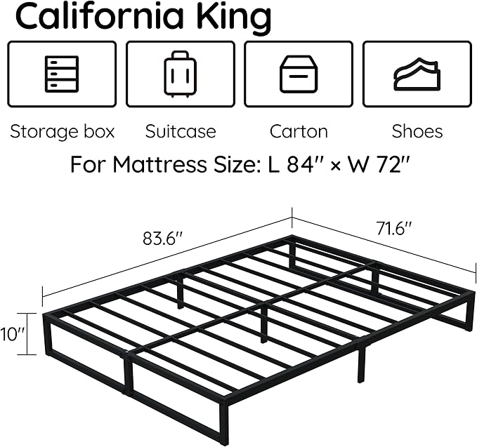 10 Inch Cal King Bed Frame Heavy Duty Metal Platform Mattress Foundation with Steel Slat Support, No Box Spring Needed, Easy Assembly, Black