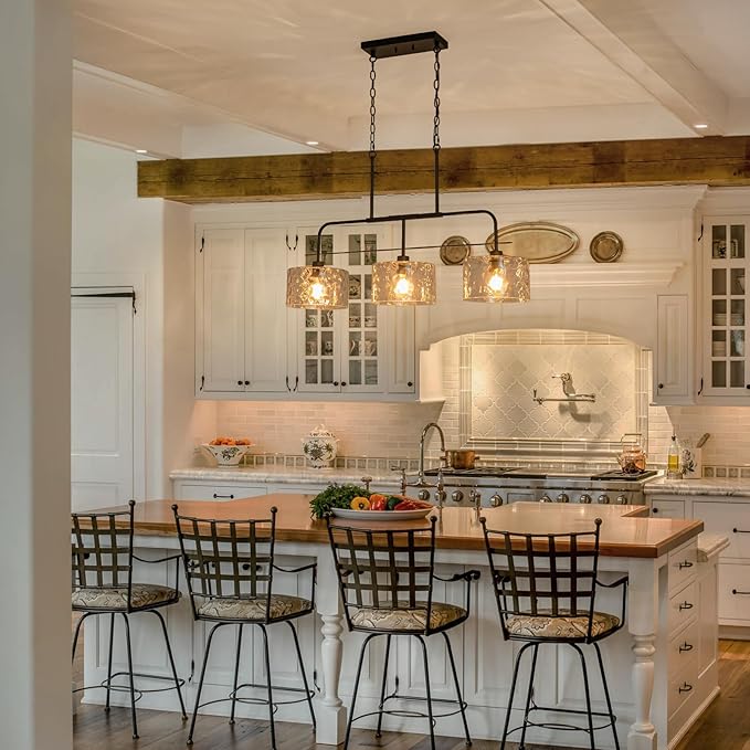 36" Linear Chandelier with Clear Rippled Glass Shades 3-Light Black Linear Pendant Light, Industrial Hanging Chandelier for Kitchen Island, Dining Room, Living Room, Pool Table